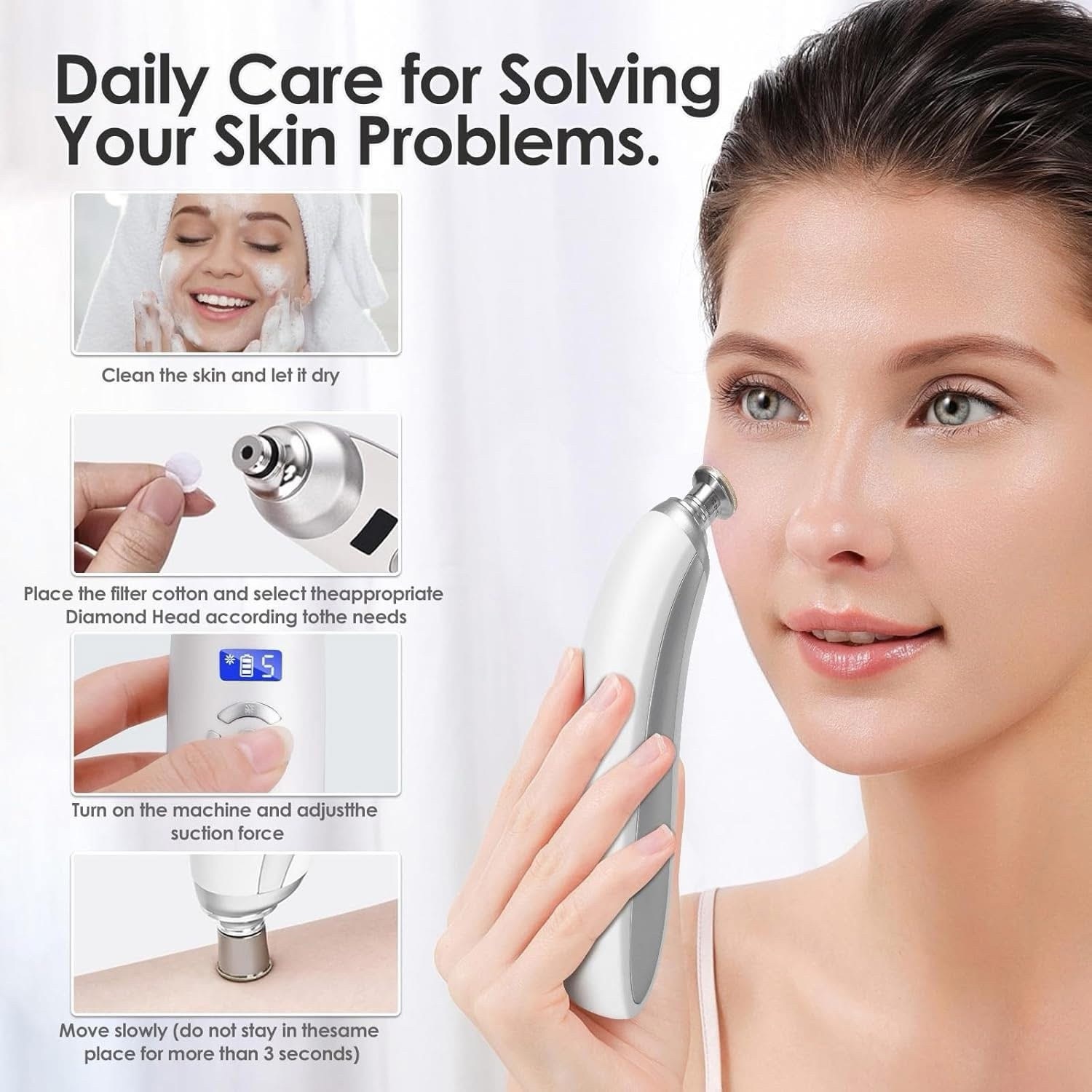 جهاز التقشير الماسي المنزلي مع رؤوس التقشير لتقشير وتنظيف البشرة | Diamond Microdermabrasion Home Device - Image 2